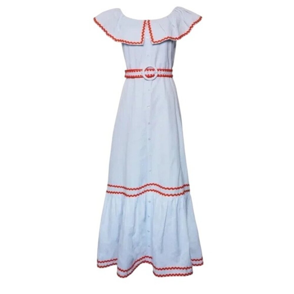 Masons Daughter Blue Orange Ric Rac Trim Linen Belted Dress Medium Womens NEW - Picture 3 of 10